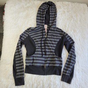 Candies Womens Top Size Large Zip Up Hoodie Black Grey Striped Front Pockets